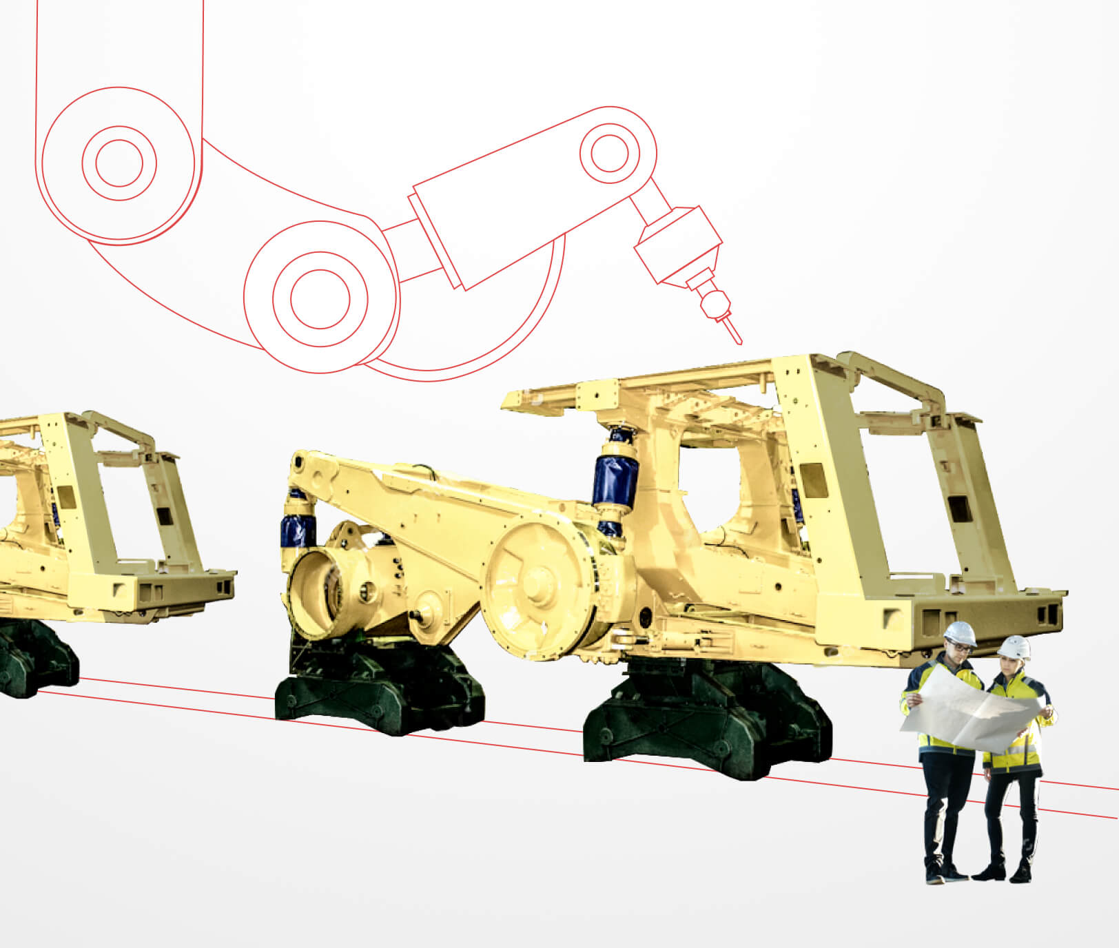 Two Engineer reading a drawing sheet near heavy machinery 