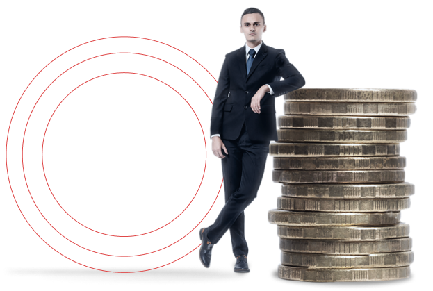 Man leaning on a pile of gold coins