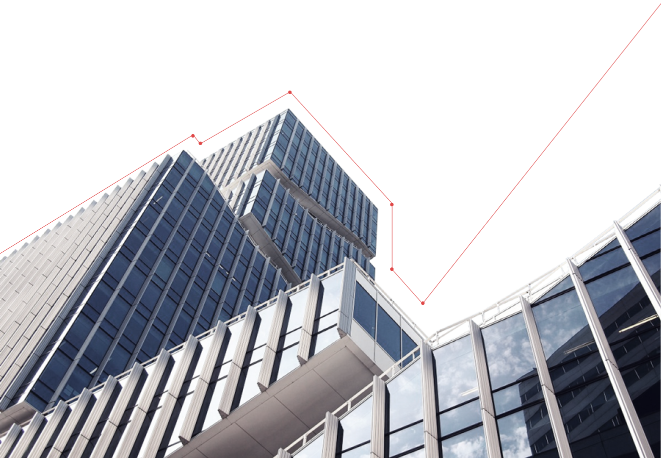 Image of tall building with red line graph on top